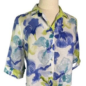 Chico's Linen Watercolor Blouse Sz 2 (12) Iris Flowers Blue Green 3/4 Sleeves